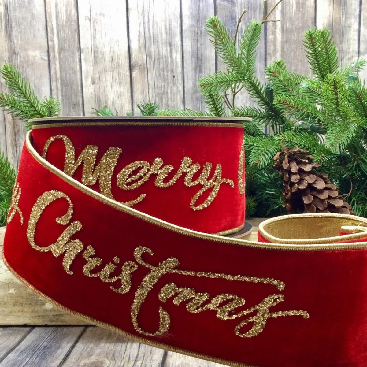 4" x 10yds Velvet Gold Glitter Merry Christmas, Red