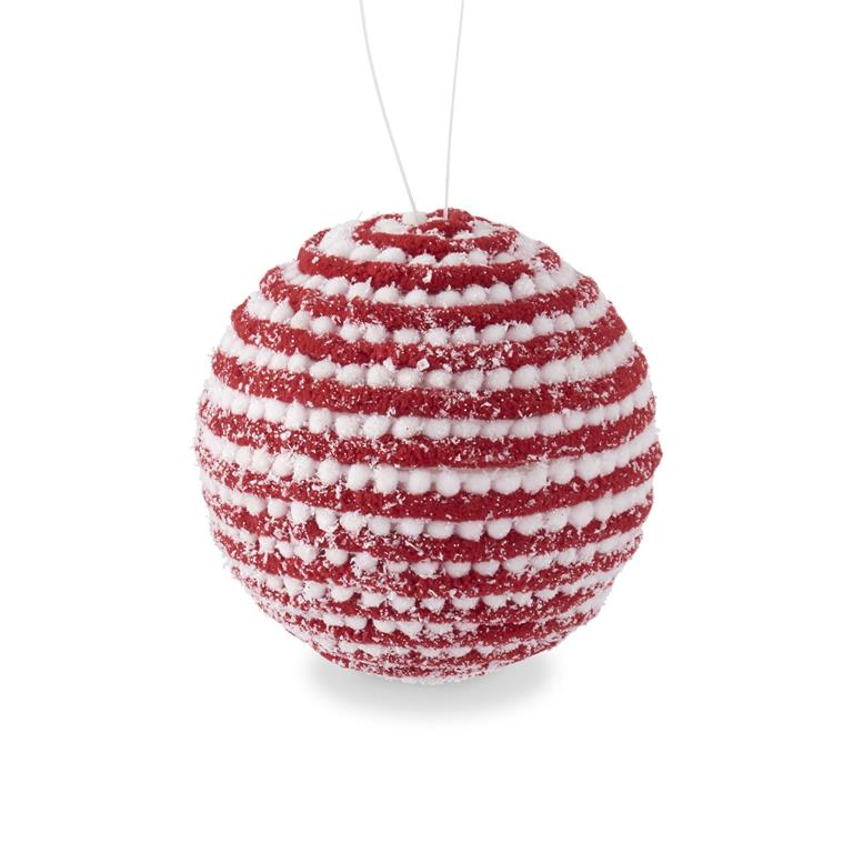 4.75 Inch Glittered Snowy Red & White Yarn Striped Ball Orn - Image 2