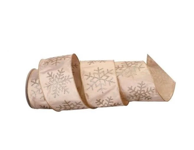 4"X10Y GLITTER SNOWFLAKE ON LAME CHAMPAGNE  RIBBON