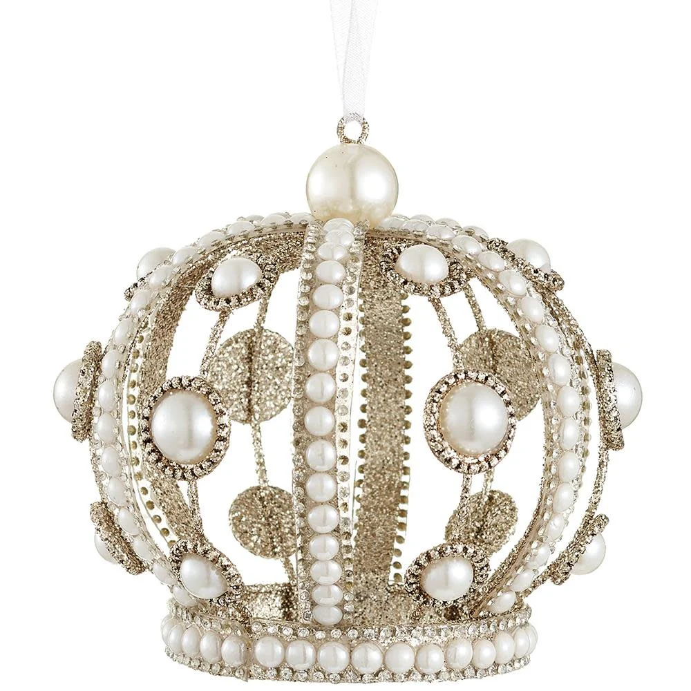 5” Glittered Pearl Crown Ornament Champagne Pearl