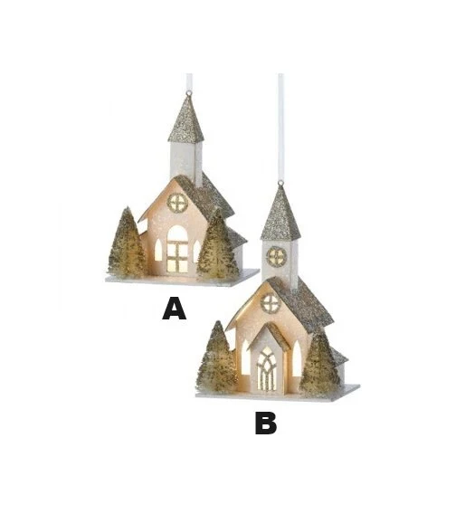 5.5" LED/Battery/Timer Country Church Ornament