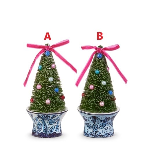 6" Bottle Brush Trees in Chinoiserie Pot Ornament - Sold Individually