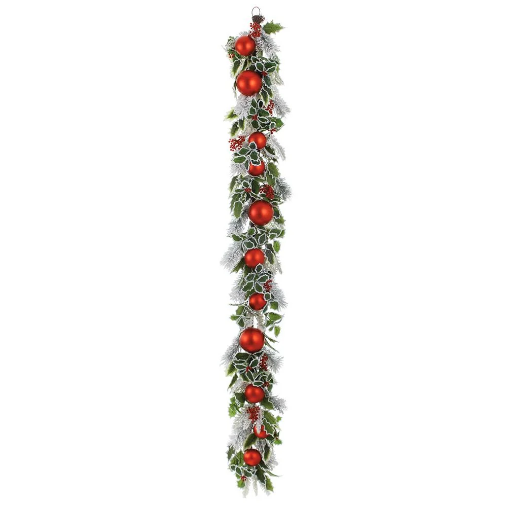 6' Snowed Holly/Ball/Pine Garland Red Green