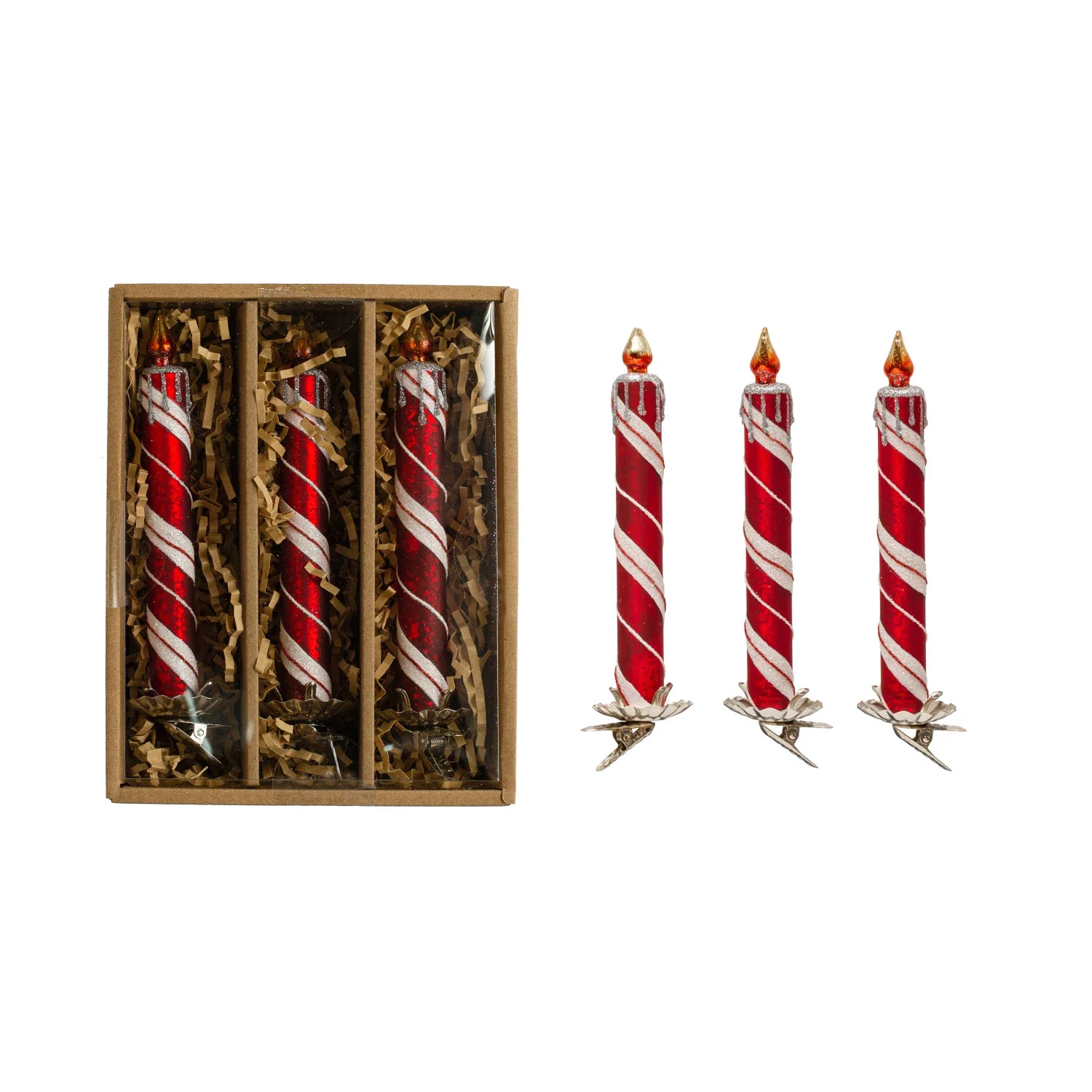 6"H Glass Candle Clip-on Orn Glitter - Red/ White