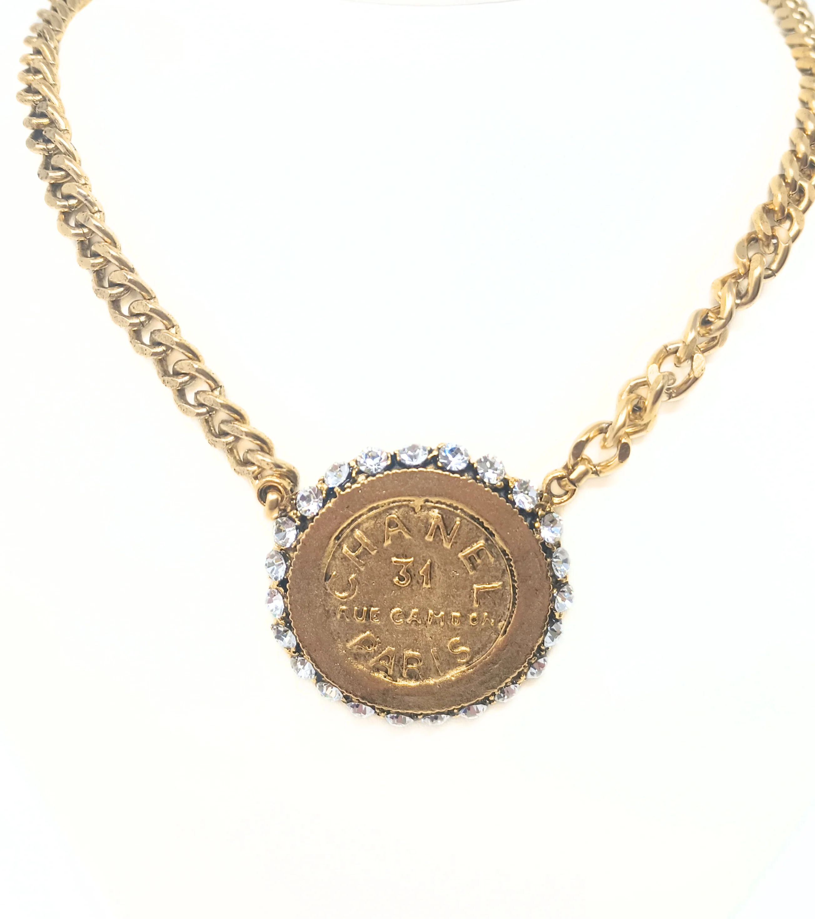 7.5" Gold Chain Necklace with Chanel Type Coin Pendant with Rhinestones - Image 2