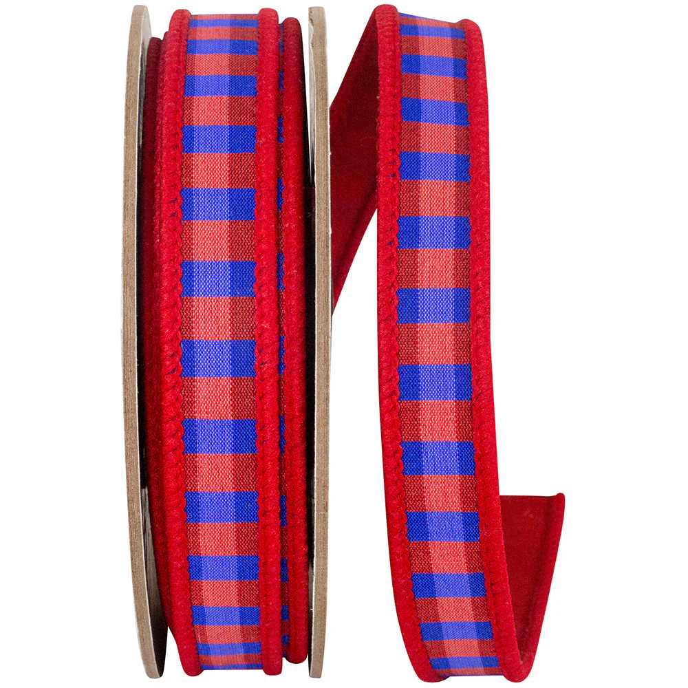 7/8 Inch Check Deluxe Red Dupioni Backed - Red/Blue