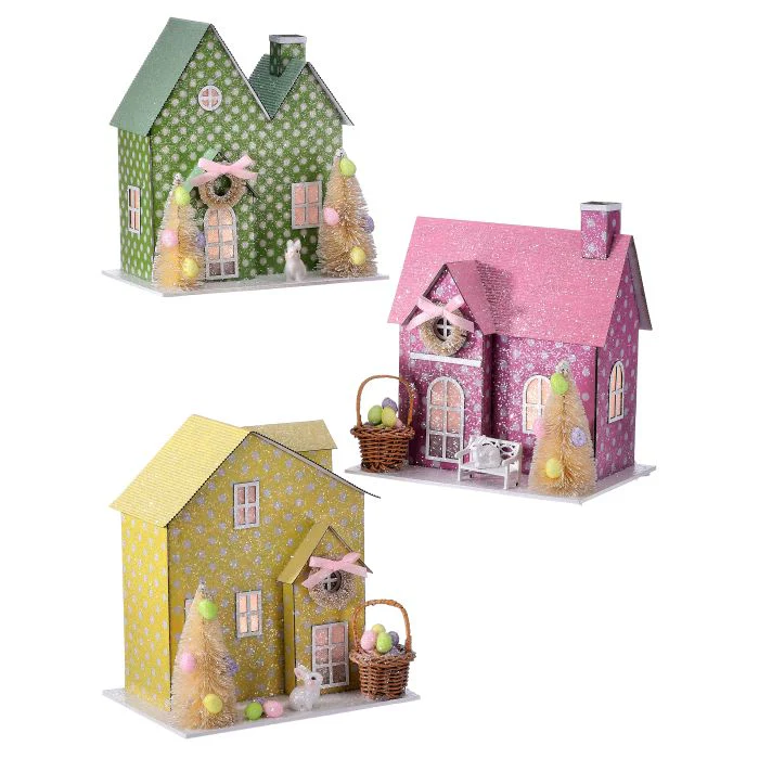 8.5" LED/Battery/Timer Polka Dot Cardboard House - Sold Individually