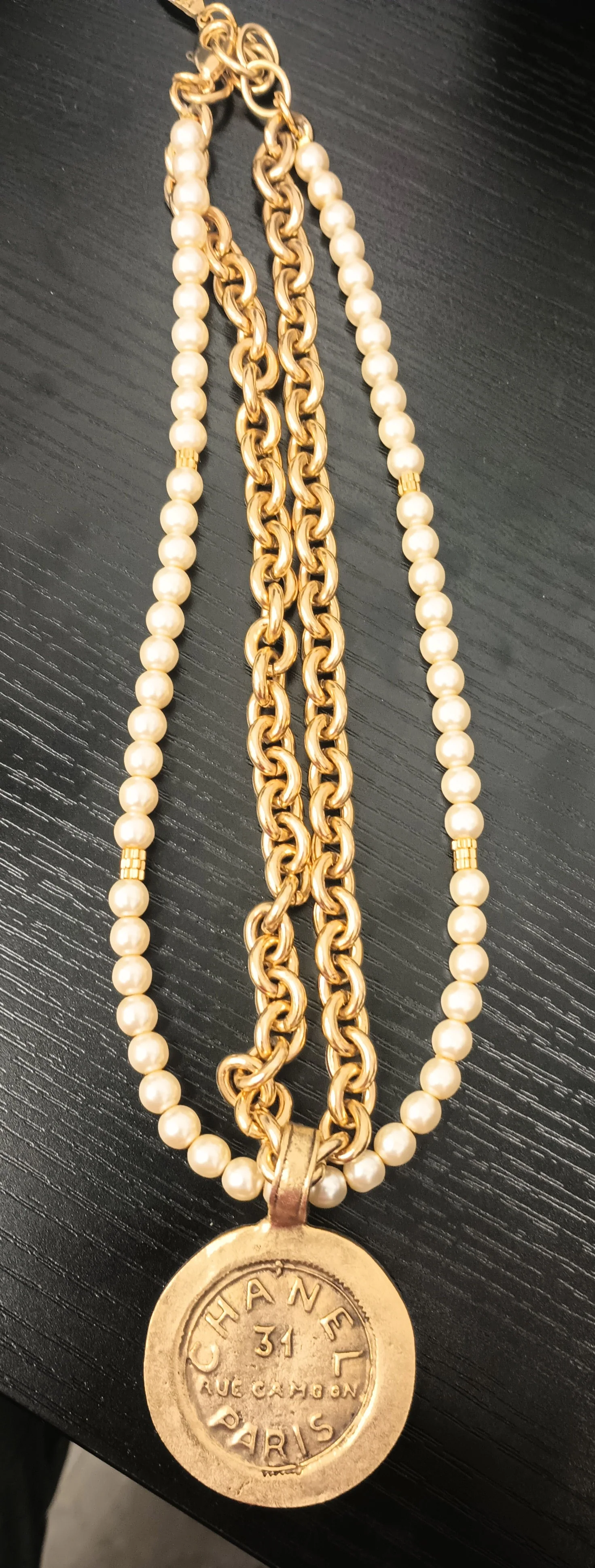 8" Double Strand Gold Link & Pearl Necklace with Chanel Type Coin Pendant