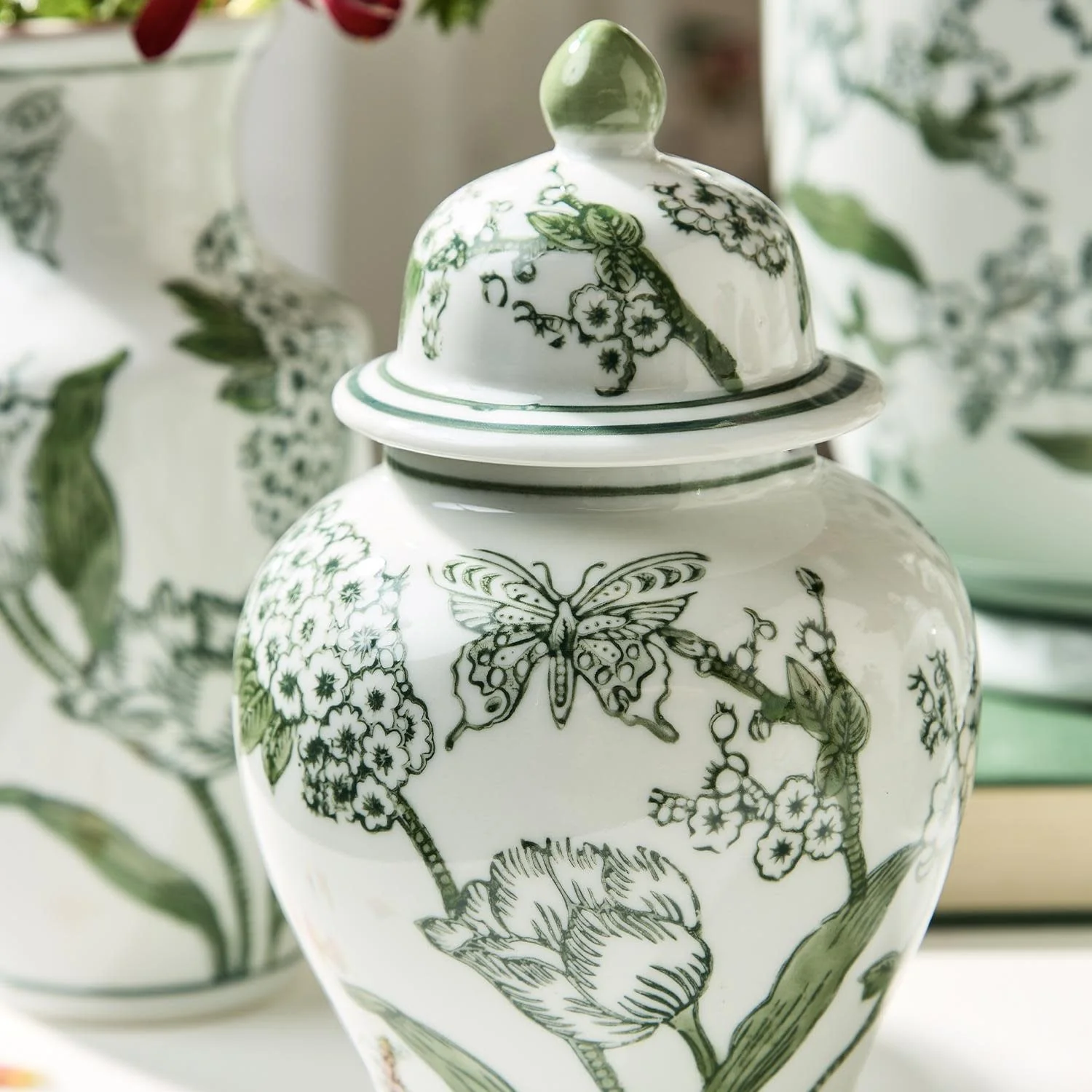 8" Primrose and Lotus Green and White Chinoiserie Jar with Lid - Image 3
