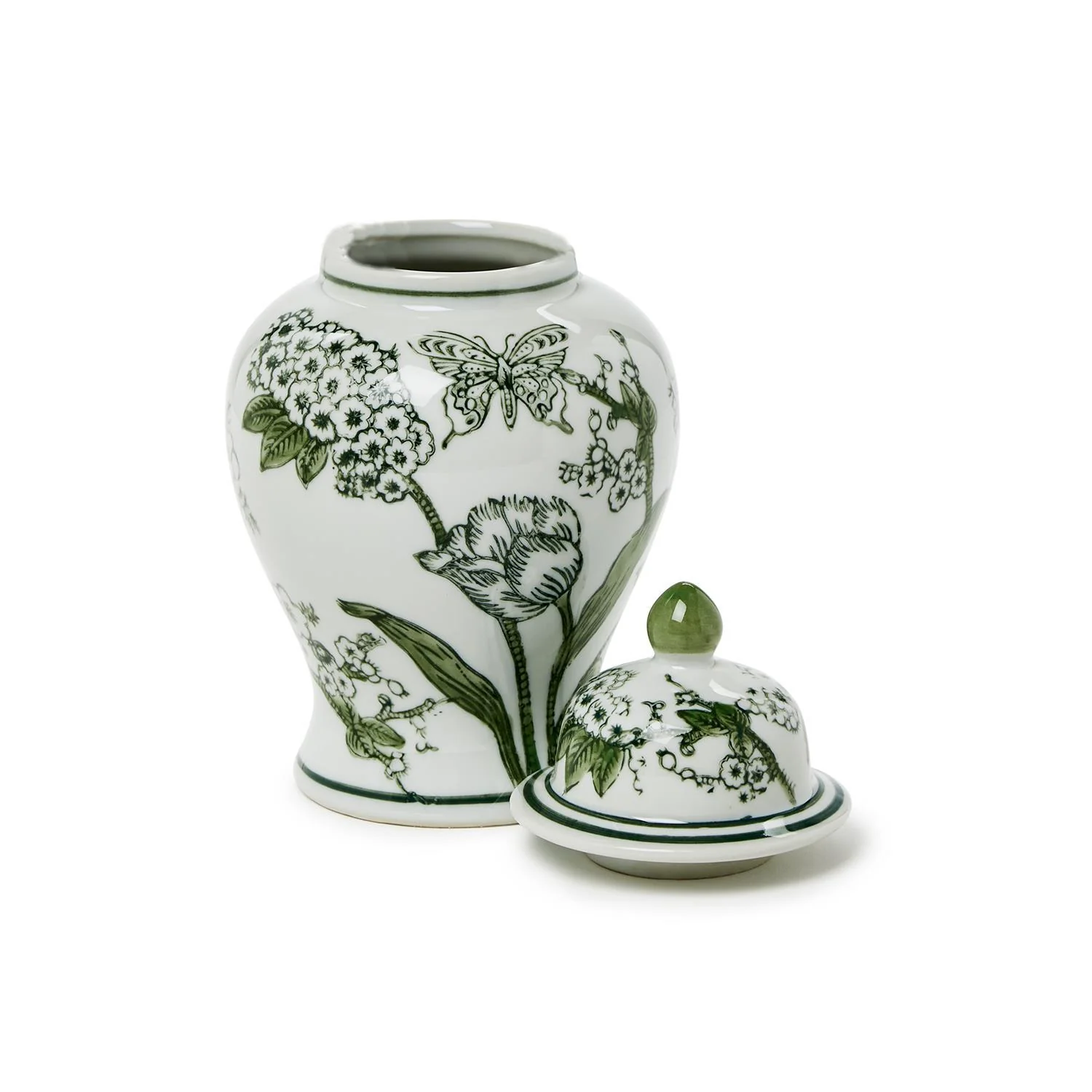 8" Primrose and Lotus Green and White Chinoiserie Jar with Lid - Image 5