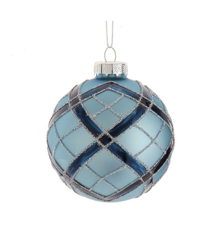 80MM Plaid Navy and Matte Blue Glass Ball Ornament - Image 2