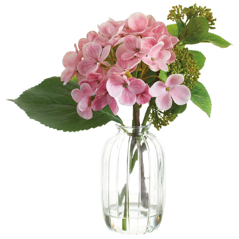 9 Inch Hydrangea/Skimmia in Glass Vase  Pink