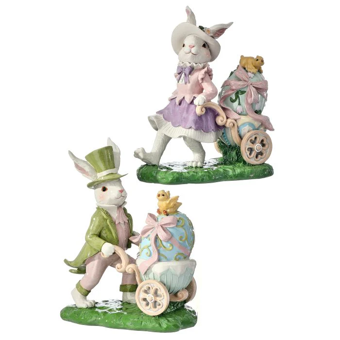9” Resin Boy/Girl Bunny W/Egg Cart - Sold Individually