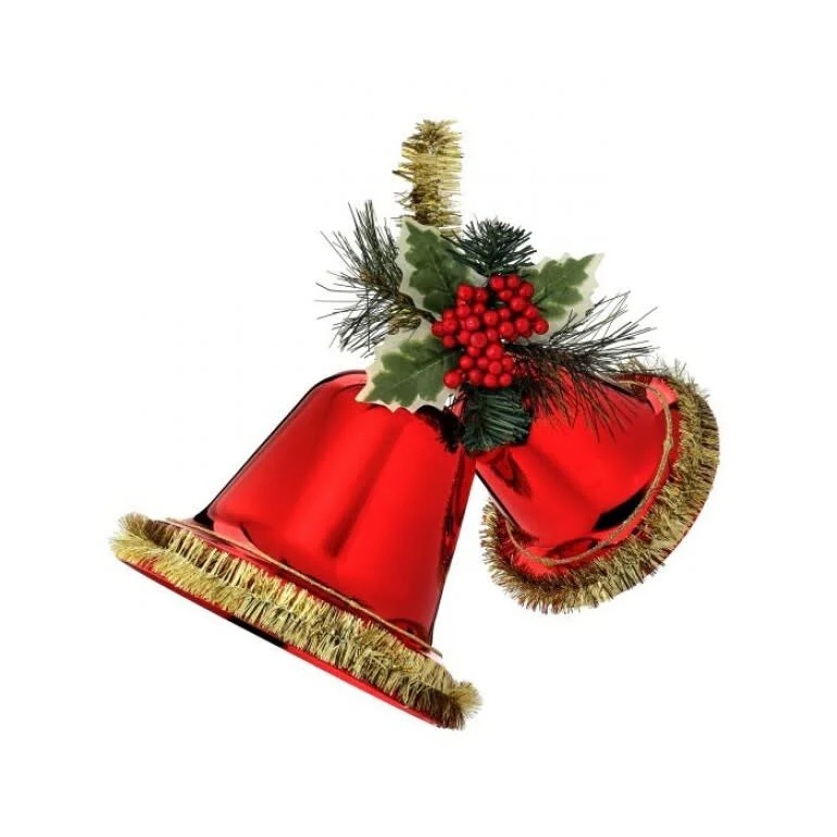9.5” Dbl Retro 50’s Bell With Tinsel and Pine - Red Gold