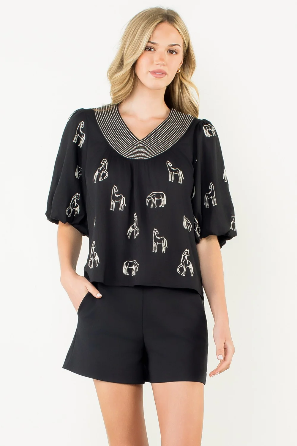 Abigail Embroidered Horse Puff Sleeve Top - Image 7