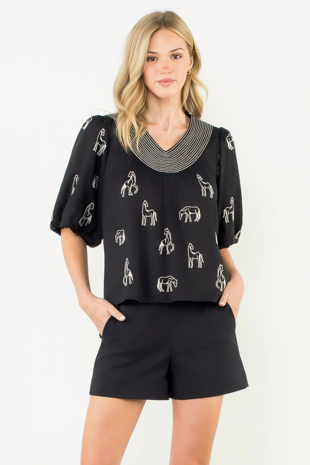 Abigail Embroidered Horse Puff Sleeve Top - Image 8