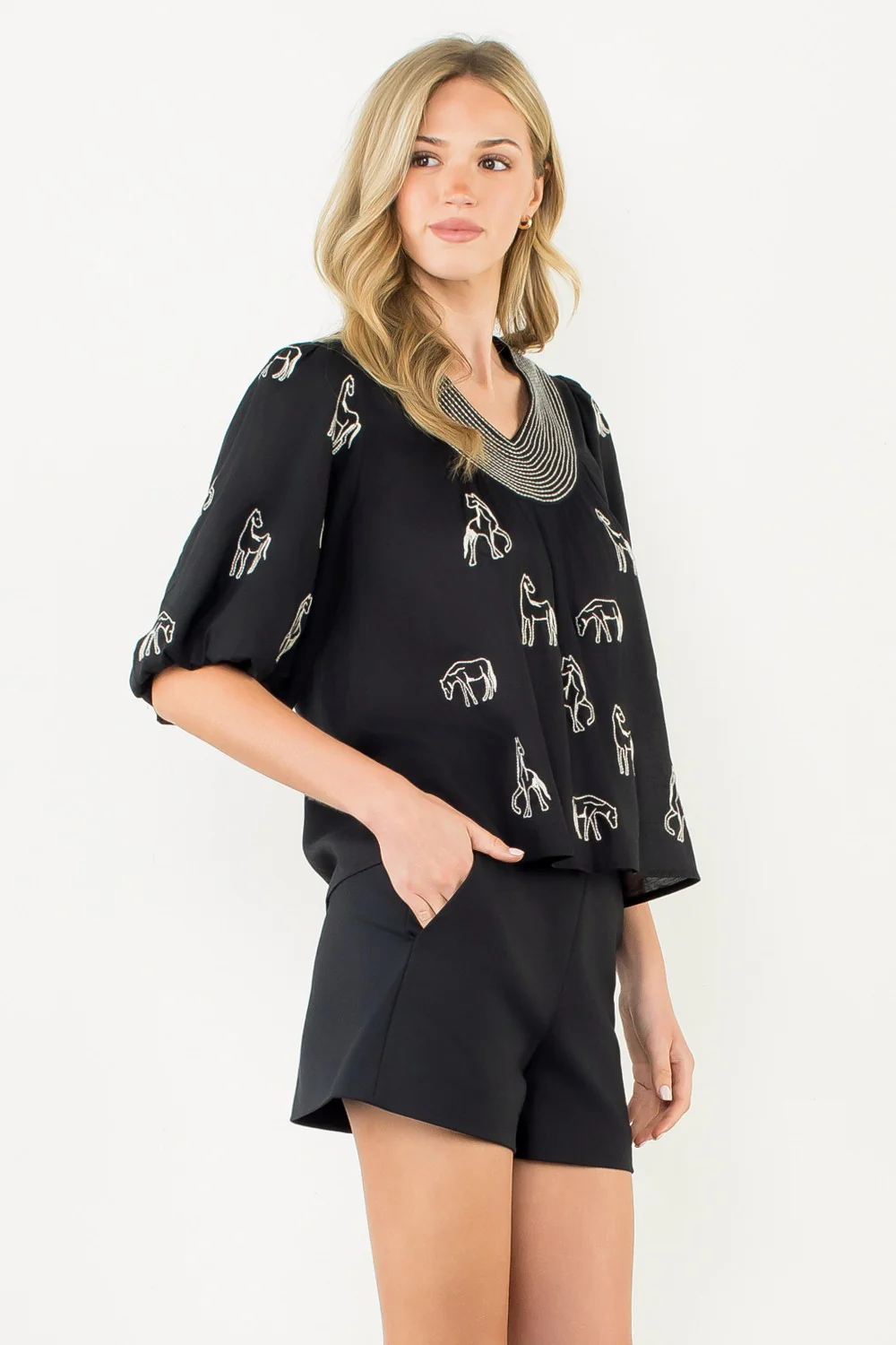 Abigail Embroidered Horse Puff Sleeve Top - Image 9