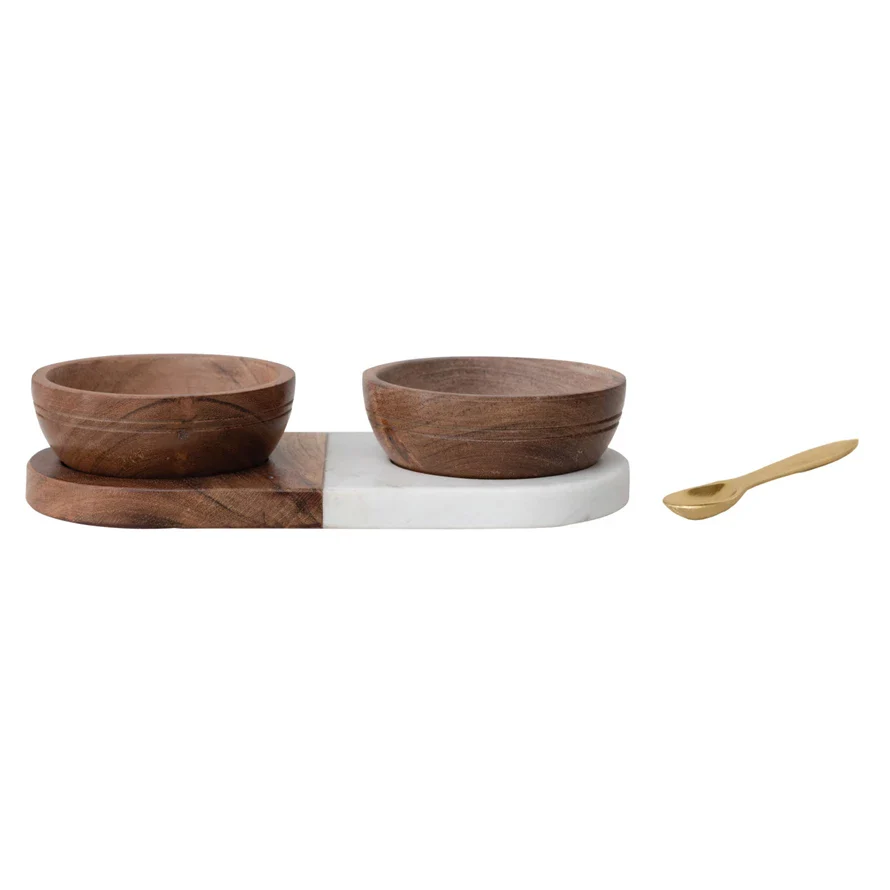 Marble/Acacia WoodTray w 2 Bowls & Brass Spoon - Image 2