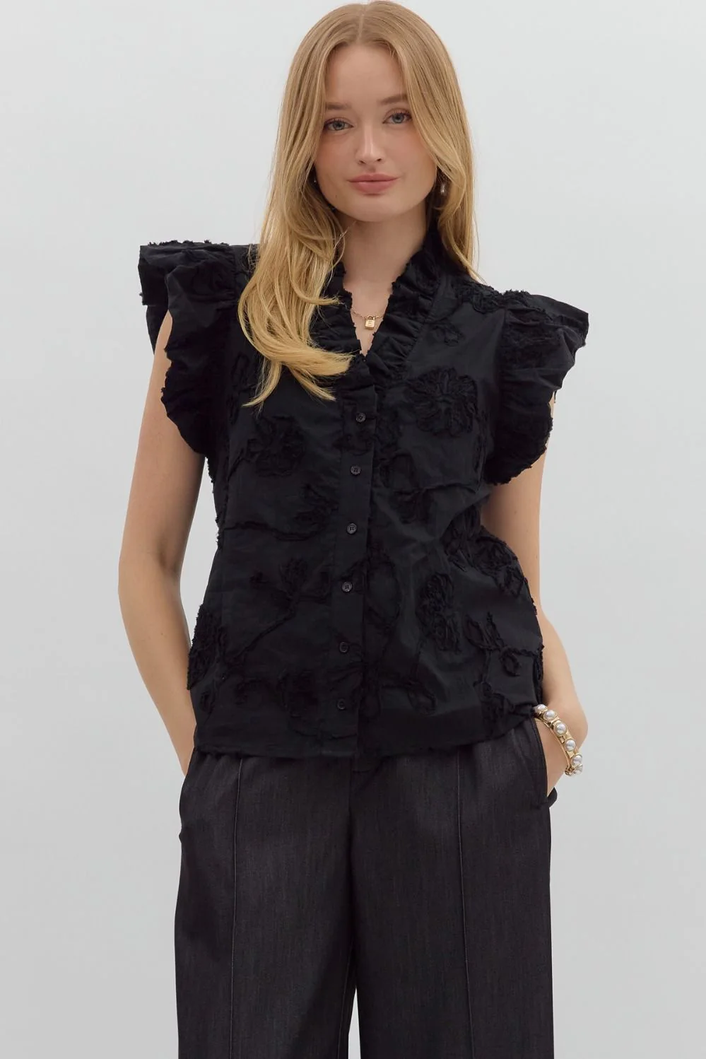 Addison Solid Cotton Floral Appliqué Bubble Flutter Sleeve Top - Image 11