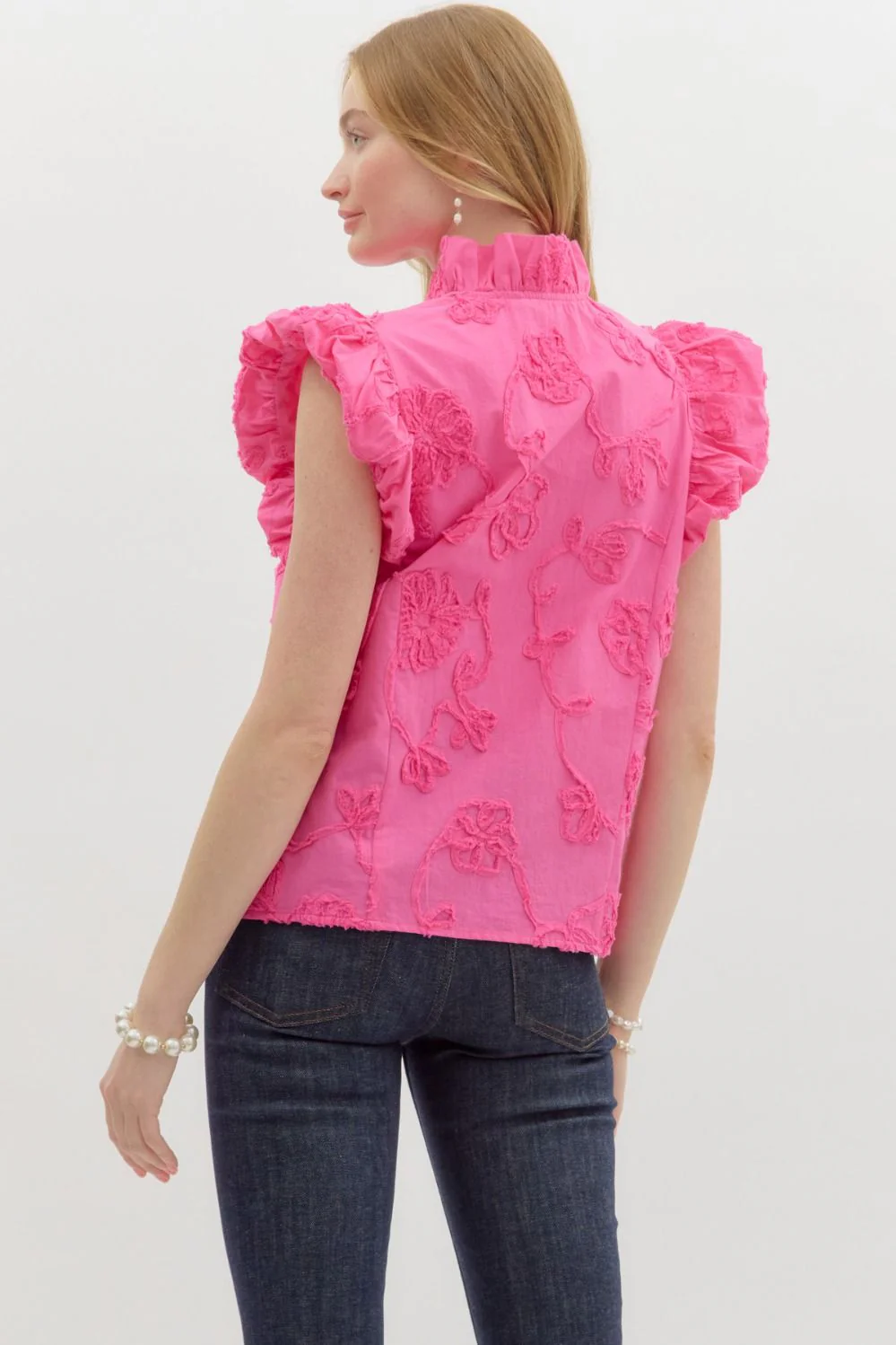 Addison Solid Cotton Floral Appliqué Bubble Flutter Sleeve Top - Image 14