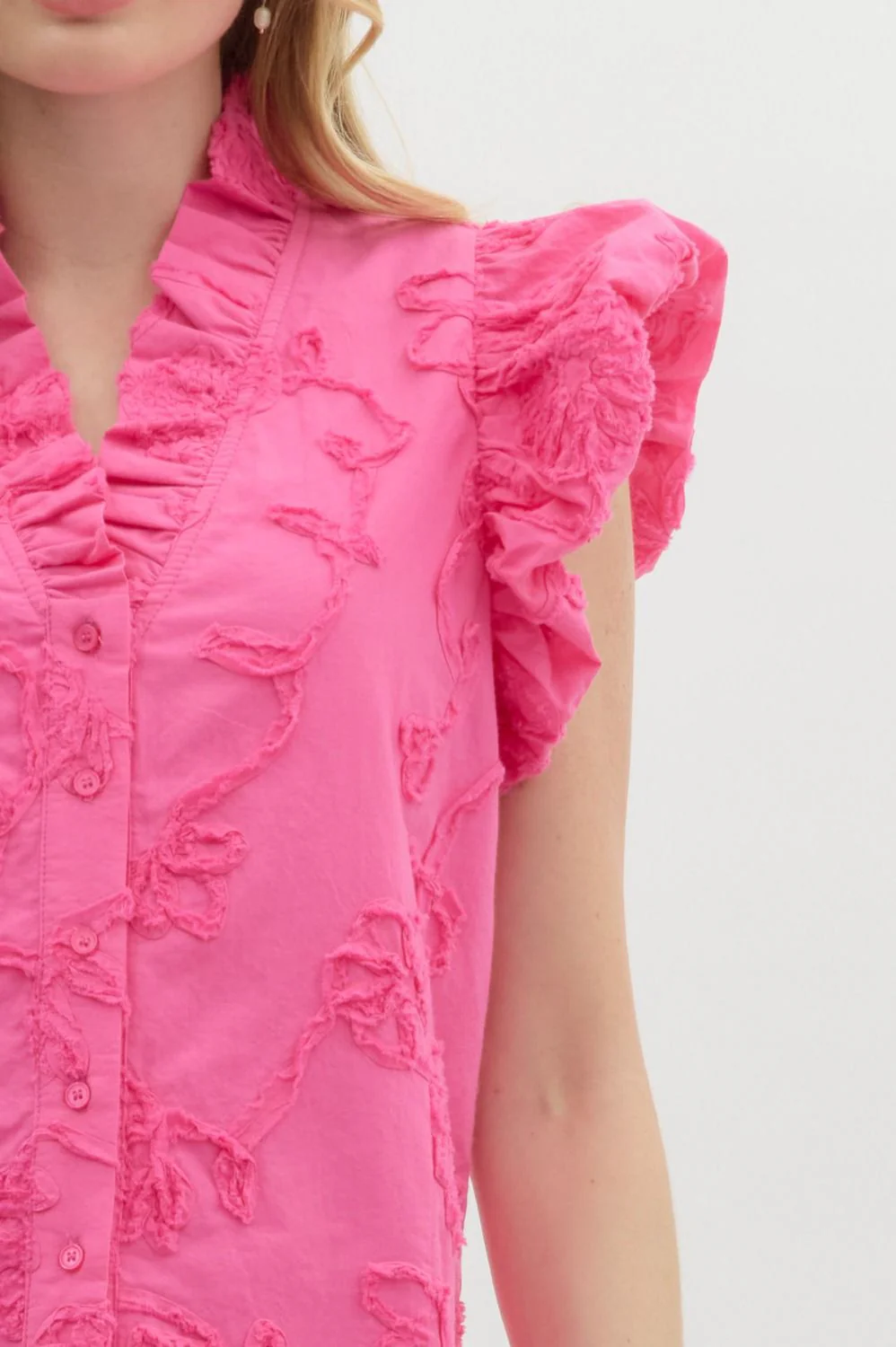 Addison Solid Cotton Floral Appliqué Bubble Flutter Sleeve Top - Image 15