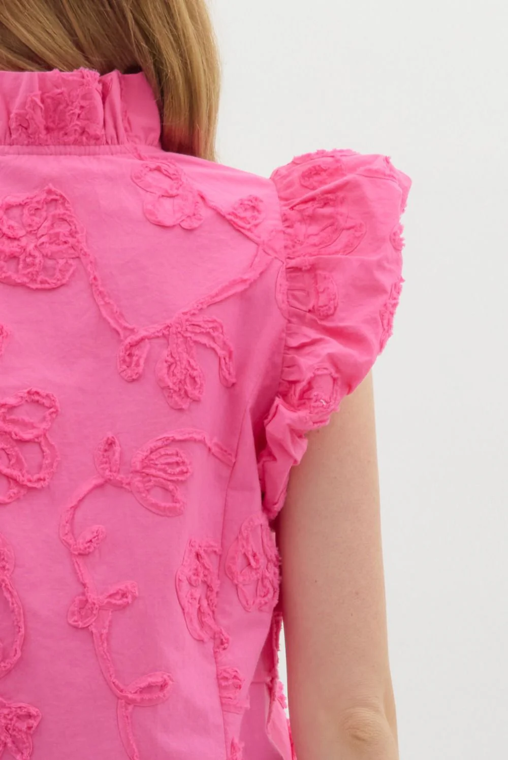Addison Solid Cotton Floral Appliqué Bubble Flutter Sleeve Top - Image 16