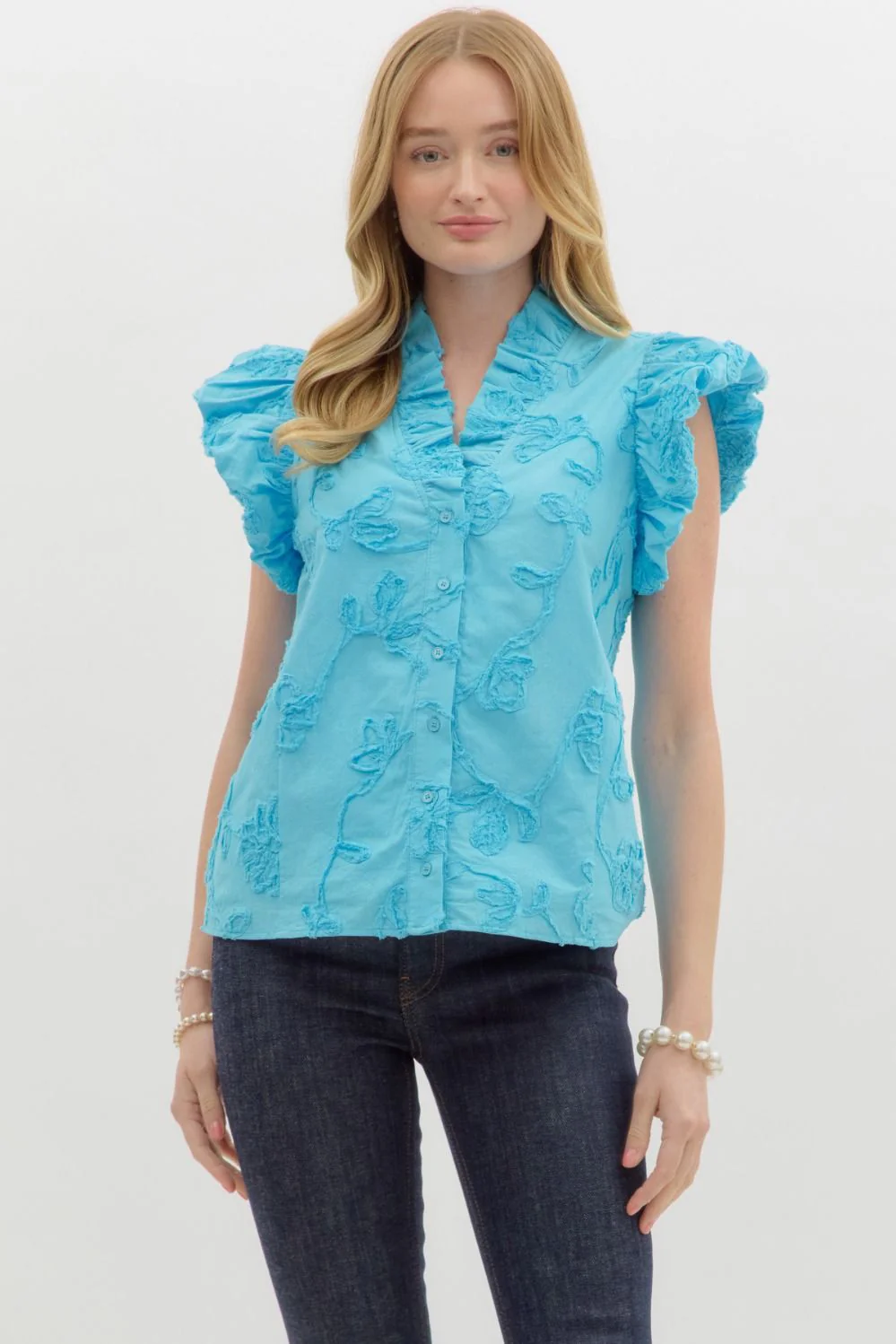 Addison Solid Cotton Floral Appliqué Bubble Flutter Sleeve Top - Image 3