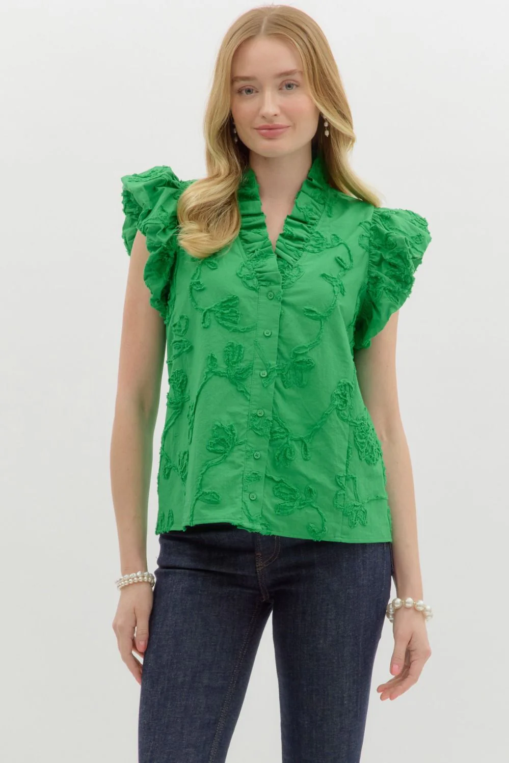 Addison Solid Cotton Floral Appliqué Bubble Flutter Sleeve Top - Image 4