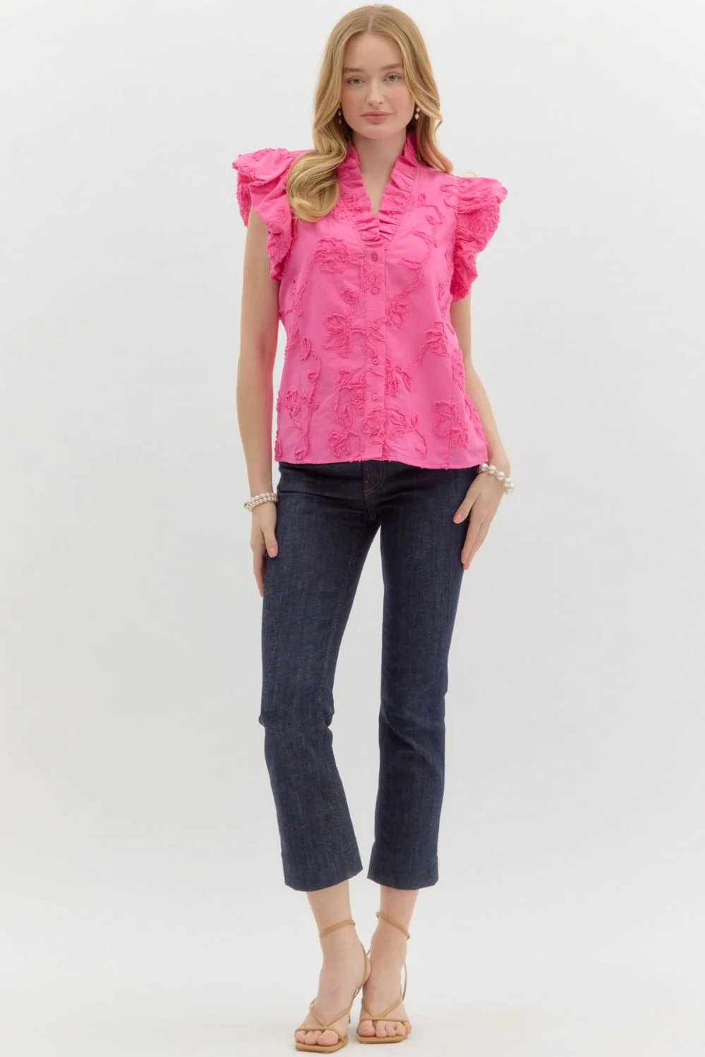 Addison Solid Cotton Floral Appliqué Bubble Flutter Sleeve Top - Image 9