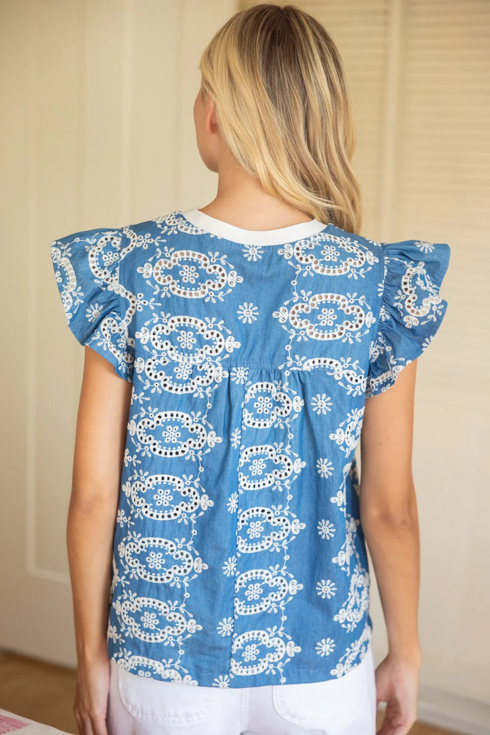Alisson Ruffle Sleeve Embroidered Chambray Top - Image 3