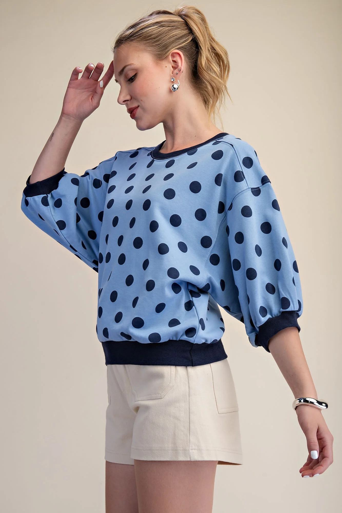 Allison Round Neck Bubble Sleeve Polka Dot Sweatshirt - Image 3