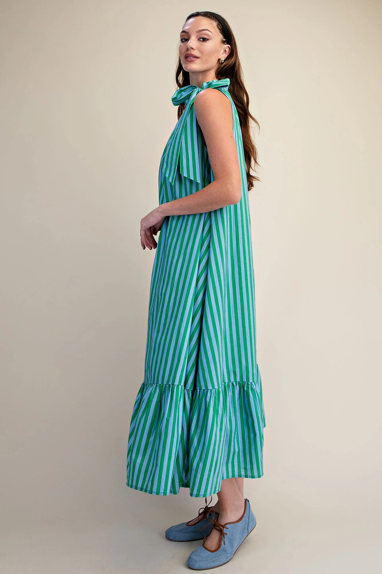 Annie Ruffle Neck Tie Sleeveless Stripe Midi Dress - Image 3