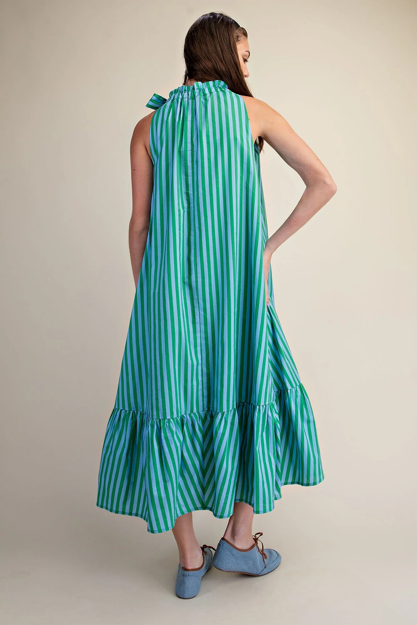 Annie Ruffle Neck Tie Sleeveless Stripe Midi Dress - Image 4