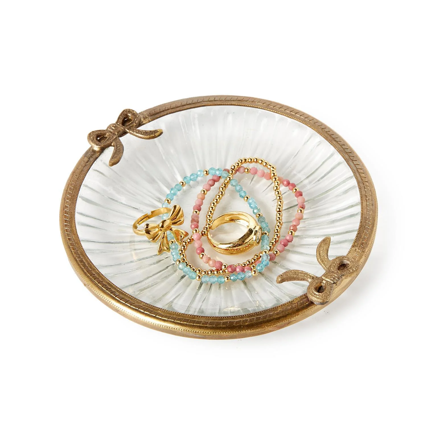 Antique Gold Finish Round Glass Trinket Tray w/Bow Accent - Image 3