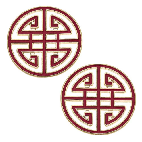 Aria Game Day Greek Keys Enamel Stud Earrings In Crimson