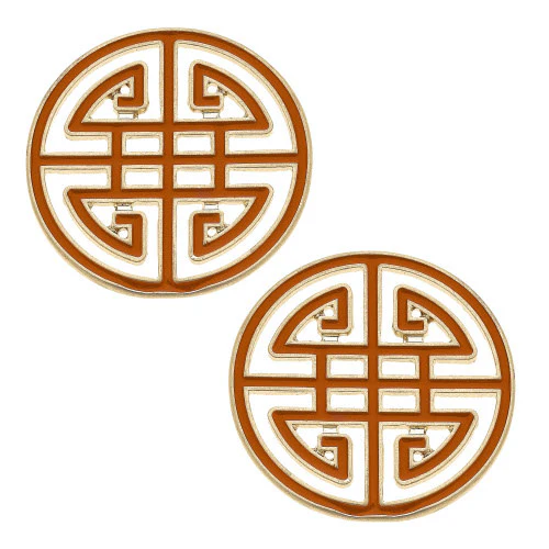 Aria Game Day Greek Keys Enamel Stud Earrings In Orange