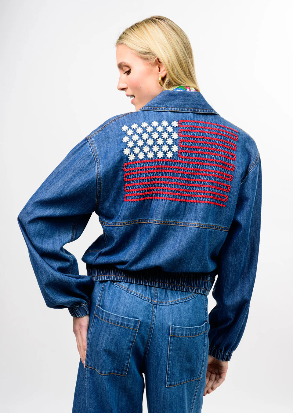 Avery Denim Flag Embroidery Bomber Jacket