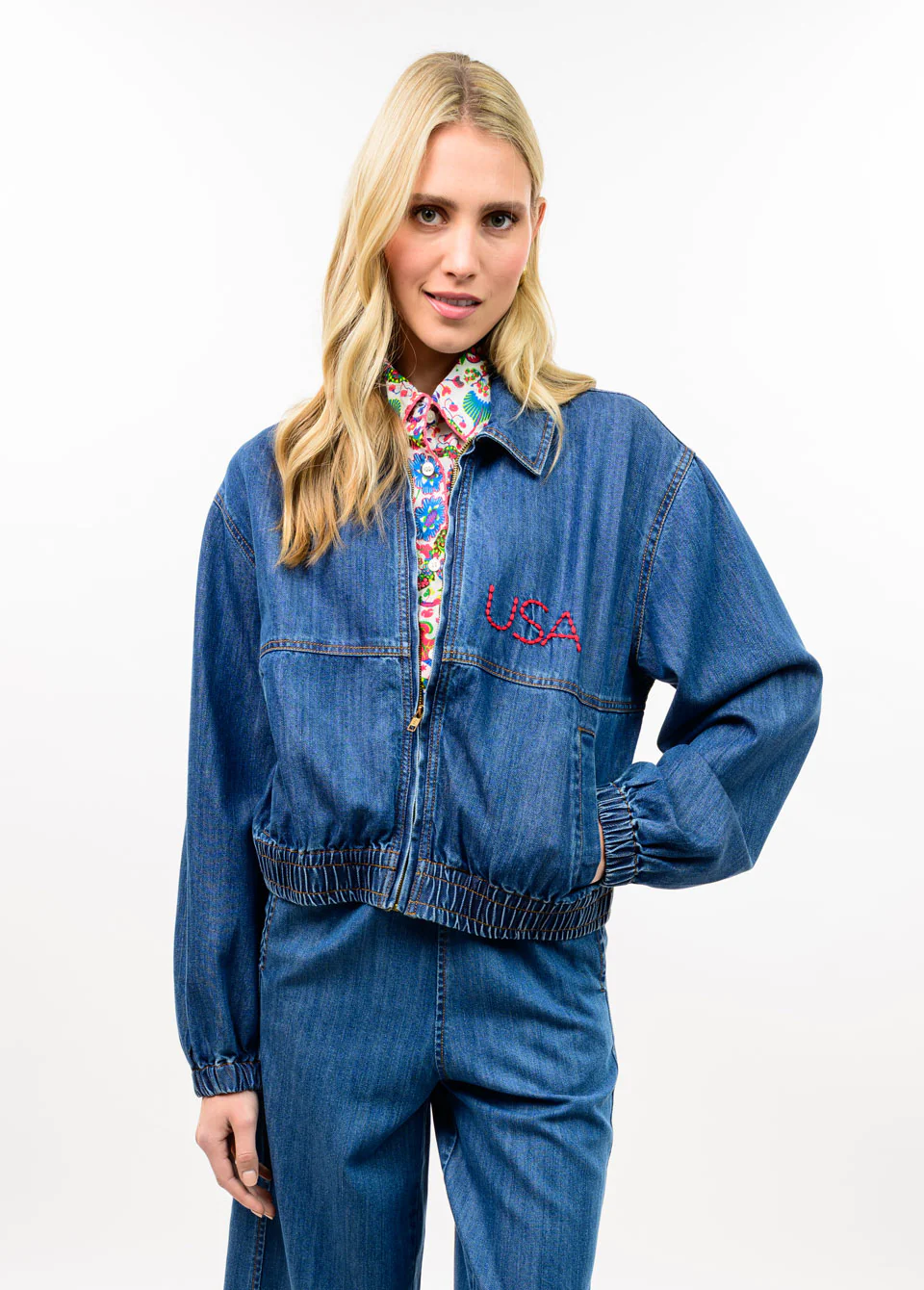 Avery Denim Flag Embroidery Bomber Jacket - Image 2