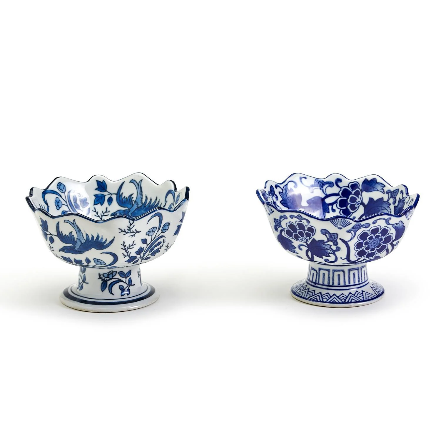 Blue and White Scalloped Edge Hand-Painted Footed Bowl - Sold Individually - Image 3
