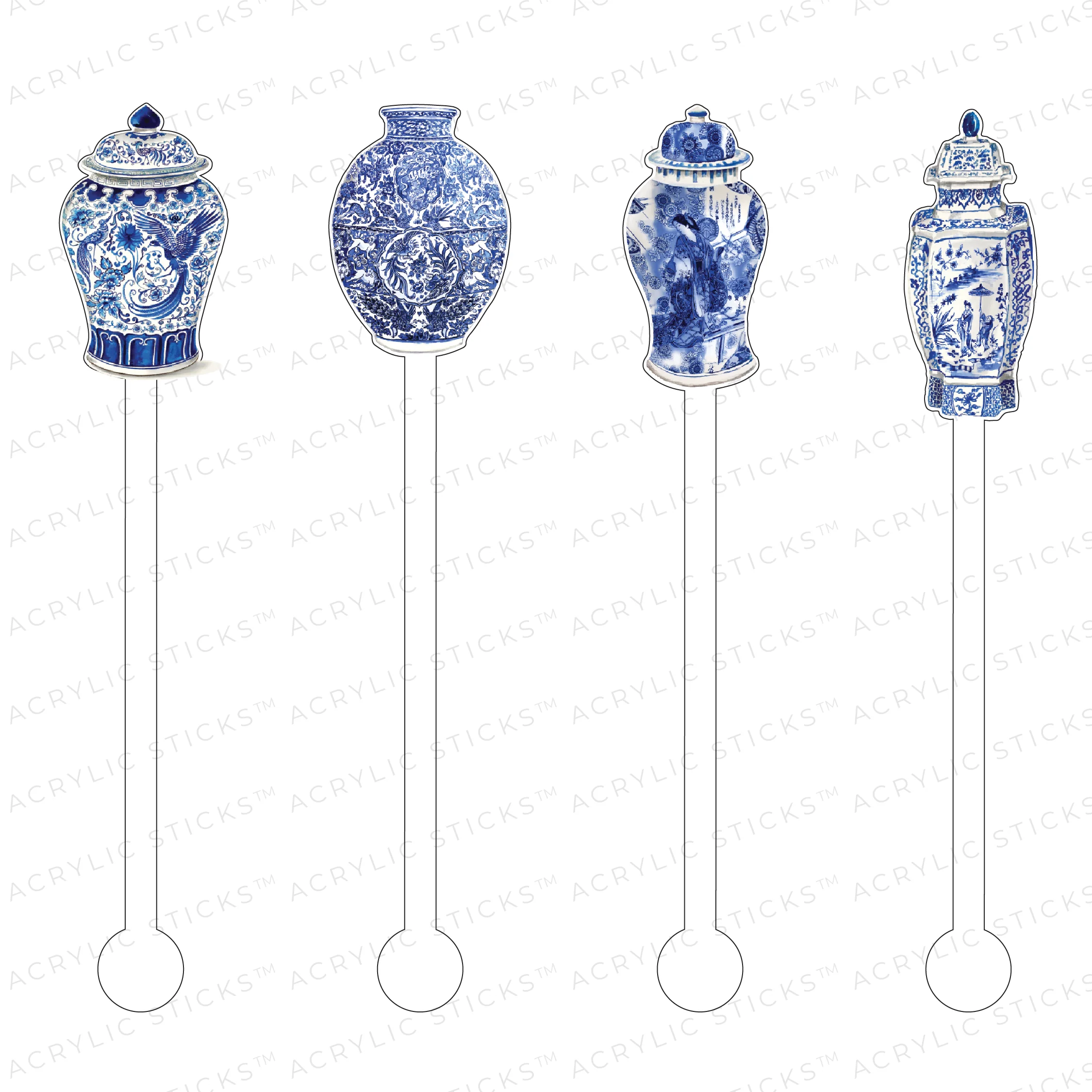Blue & White  Ginger Jars Acrylic Stir Sticks Combo - Sold as Set