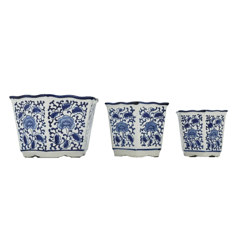 Blue & White Hexagon Floral Ceramic Ruffled Lip - Sold Individually - Image 12