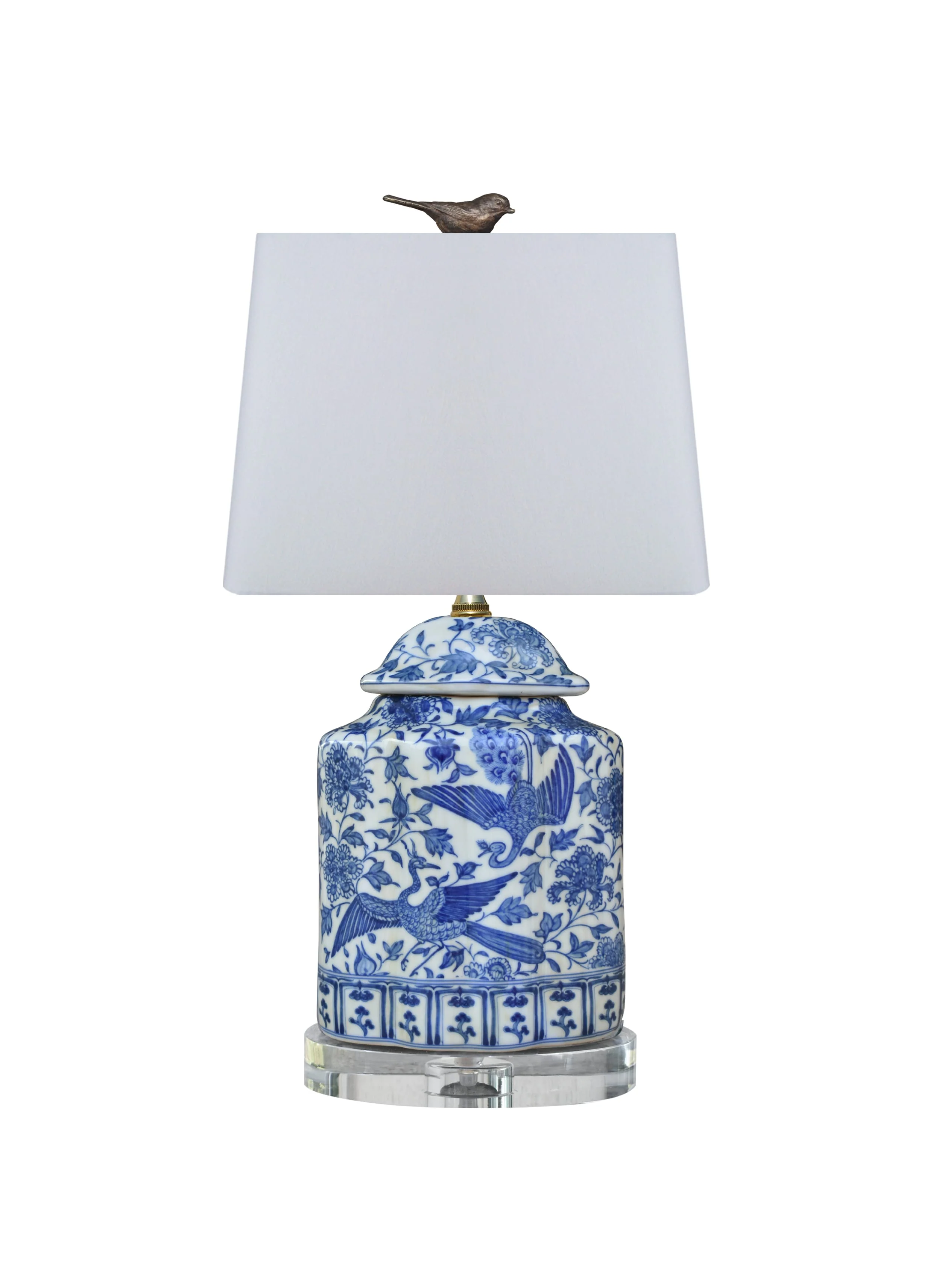 Blue/White Porcelain Birds Jar Lamp with Crystal Base