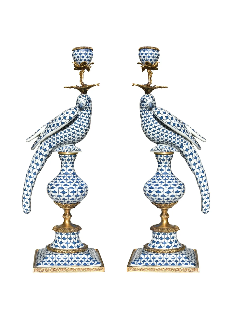 Blue/White Porcelain Fish Scale Bronze Bird Candlestick Left Facing - Image 2