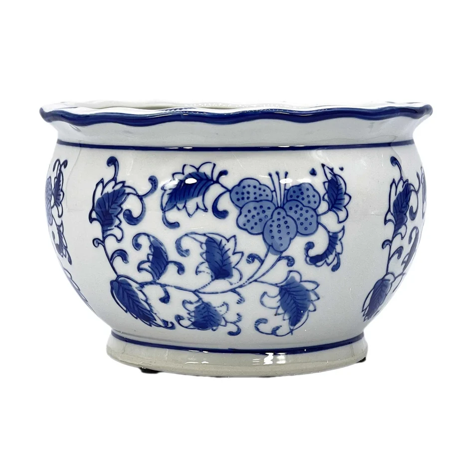 Blue & White Round Floral Ceramic Pots Ruffled Lip - Sold Individually - Image 10