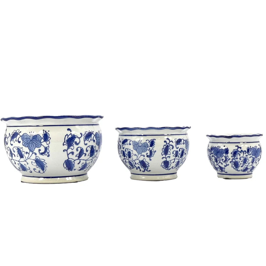 Blue & White Round Floral Ceramic Pots Ruffled Lip - Sold Individually - Image 11