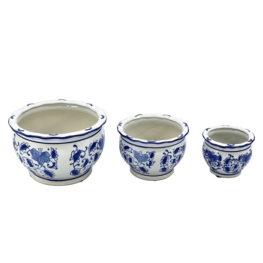 Blue & White Round Floral Ceramic Pots Ruffled Lip - Sold Individually - Image 12
