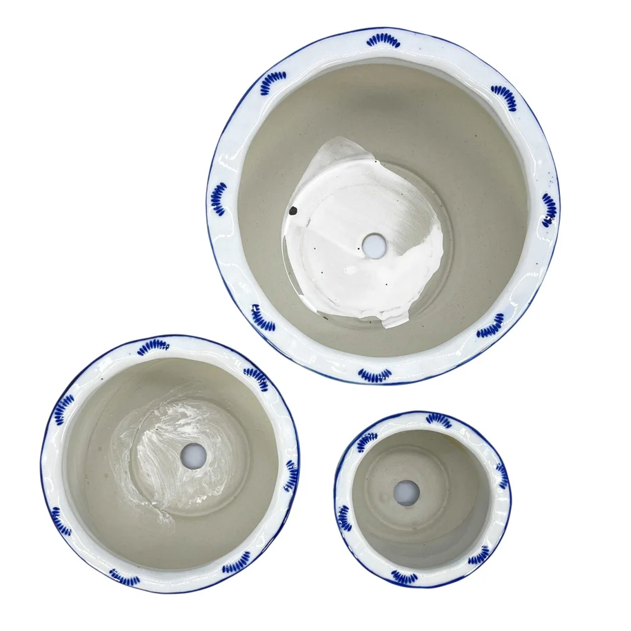Blue & White Round Floral Ceramic Pots Ruffled Lip - Sold Individually - Image 13