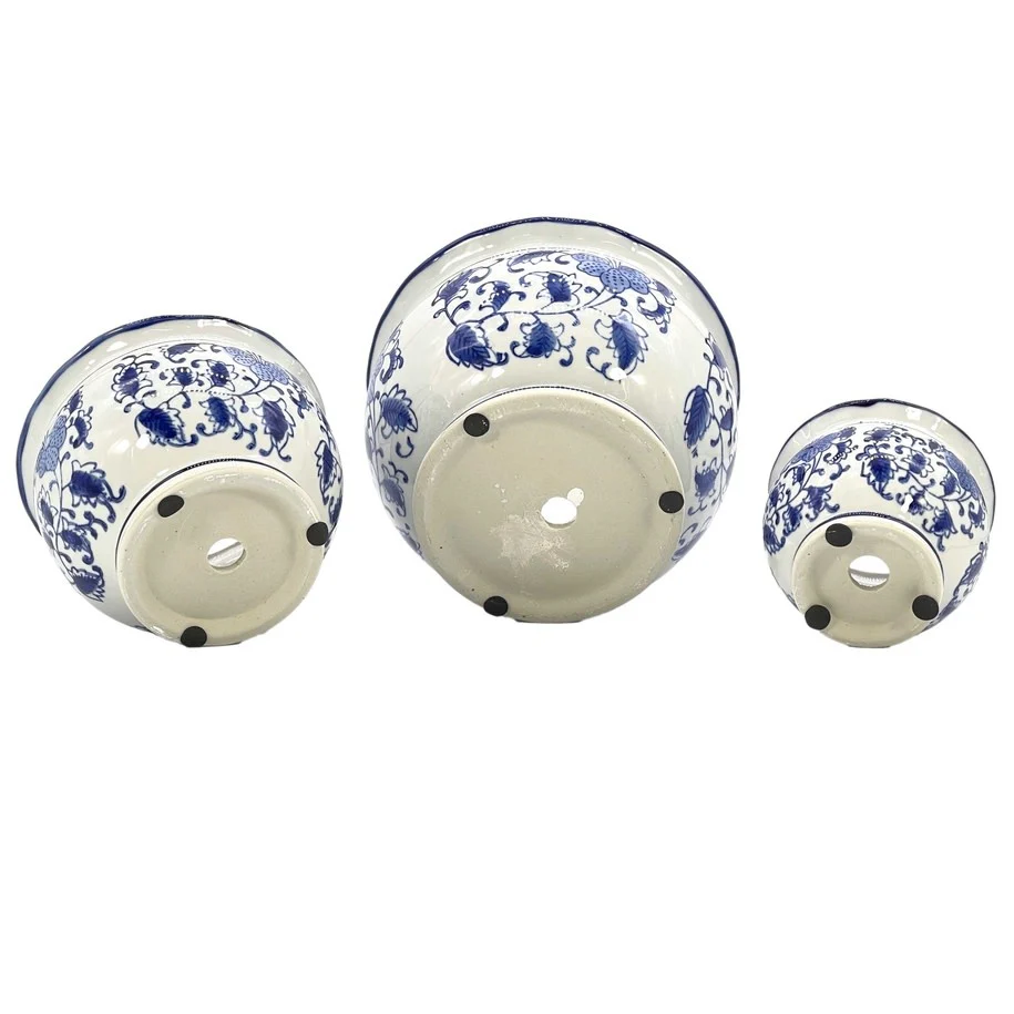 Blue & White Round Floral Ceramic Pots Ruffled Lip - Sold Individually - Image 4