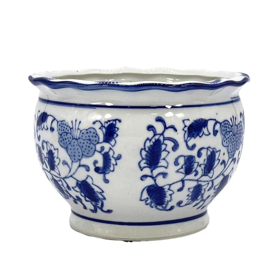 Blue & White Round Floral Ceramic Pots Ruffled Lip - Sold Individually - Image 6