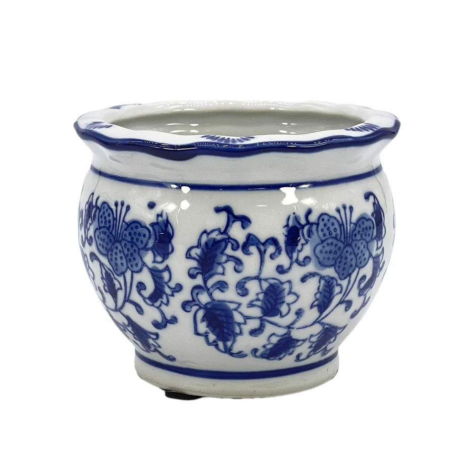Blue & White Round Floral Ceramic Pots Ruffled Lip - Sold Individually - Image 8